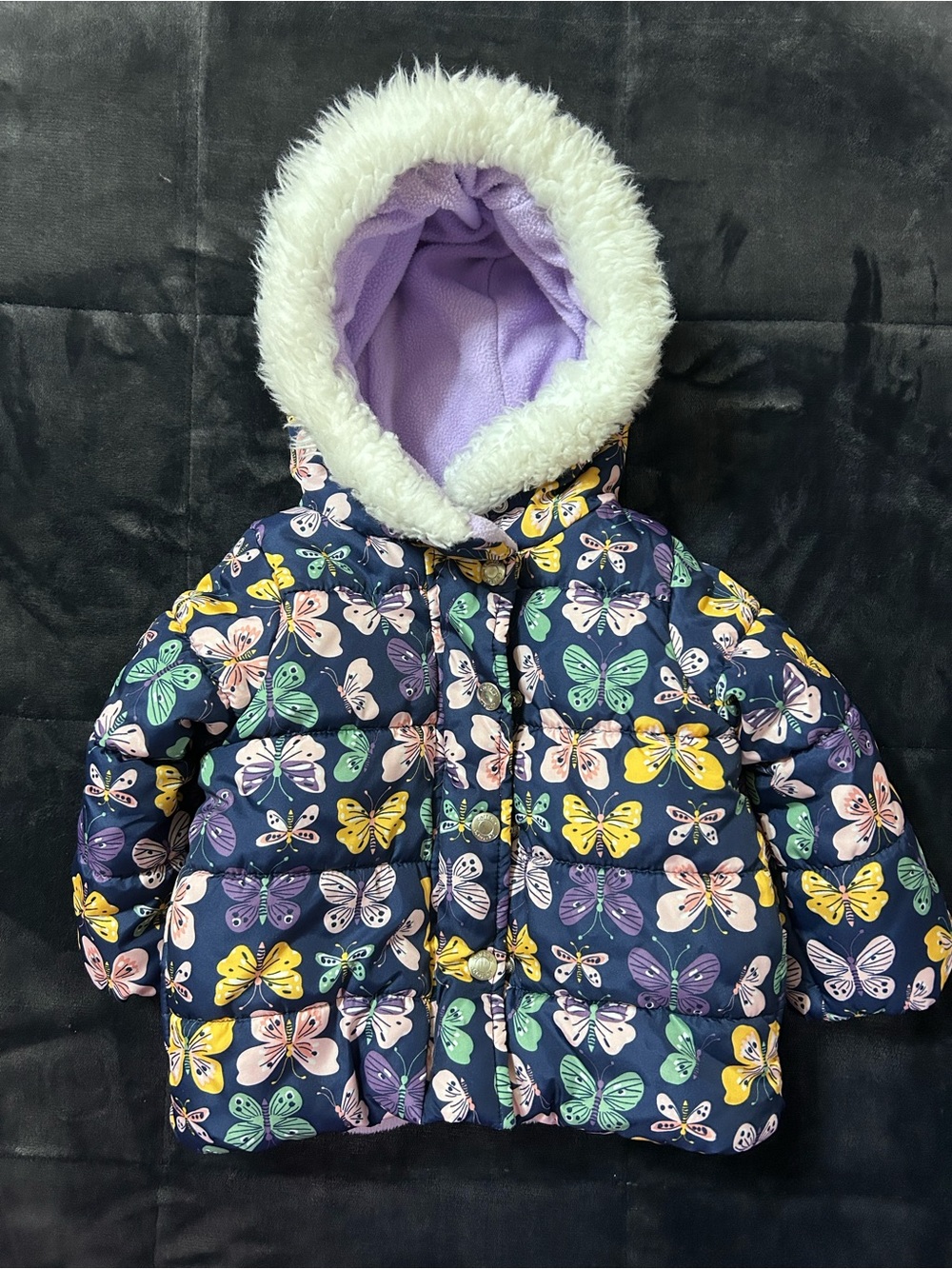Carter’s Blue Butterfly Print Faux Fur Hooded Puffer Jacket